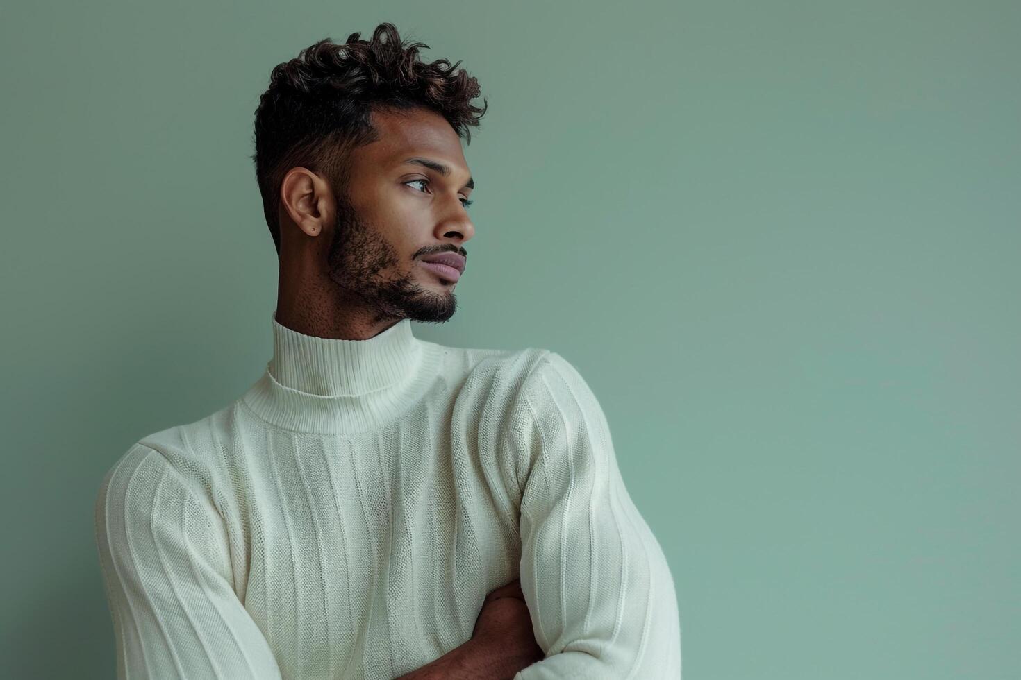 Light Green Background and Male in pullover  Lifestyle portrait emphasizing Relaxed Fashion photo