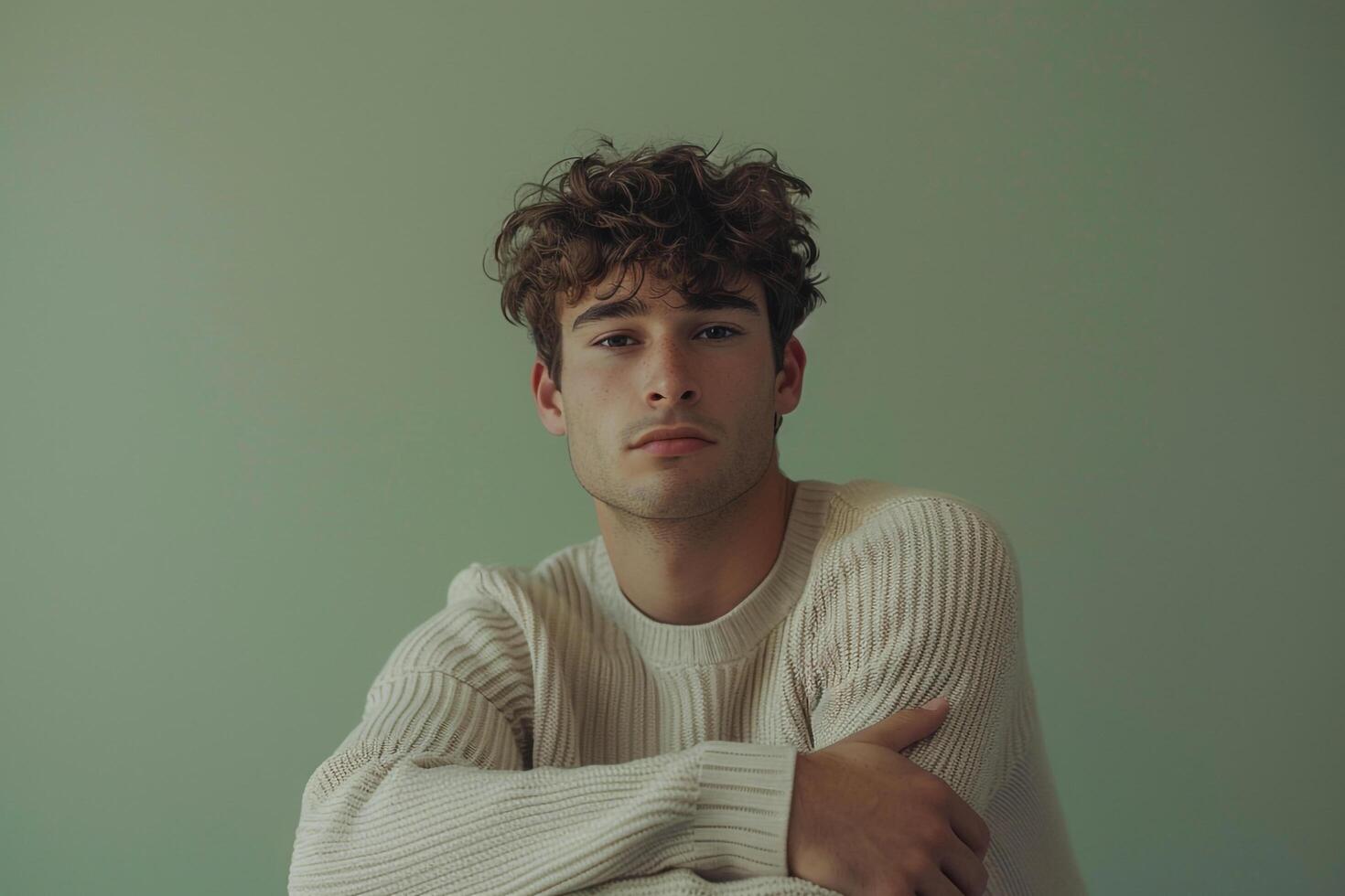 Light Green Background Featuring Male in pullover  Lifestyle portrait Showcasing Comfortable Style photo