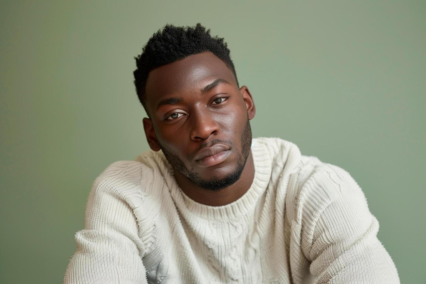 Light Green Background Featuring Male in pullover  Lifestyle portrait emphasizing Serene Style photo
