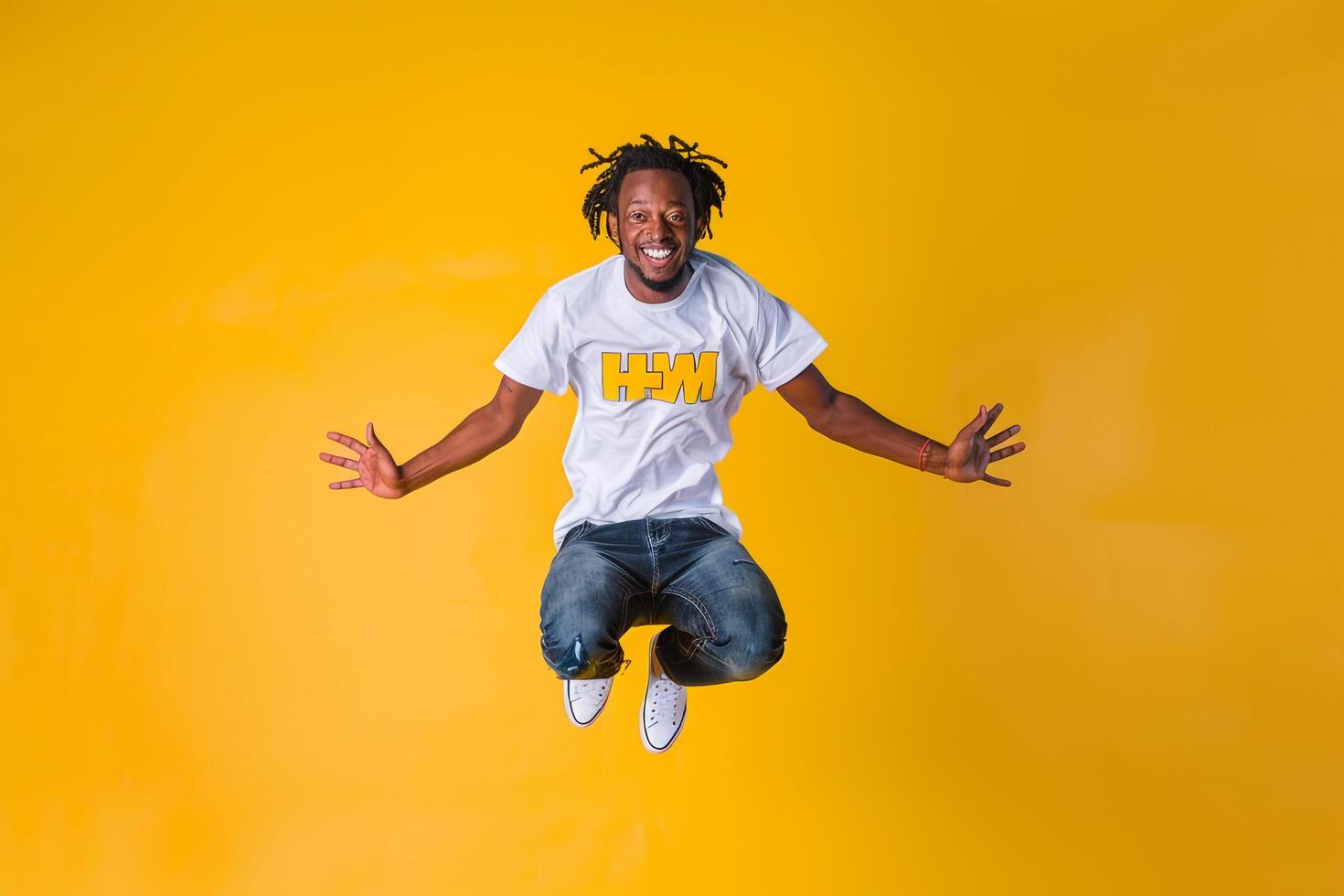 Bright Yellow Background and Male in T Shirt  Lifestyle portrait Highlighting Lively Relaxed Style photo