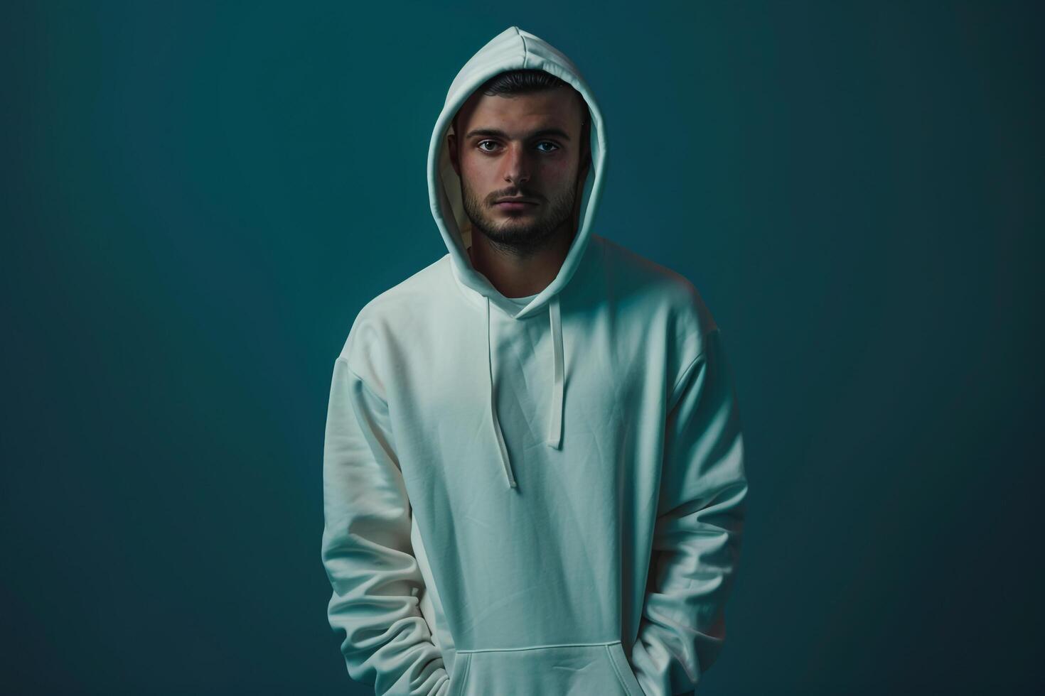 Teal Blue Background with Male in Hoodie  Lifestyle portrait Featuring Comfortable Fashion photo