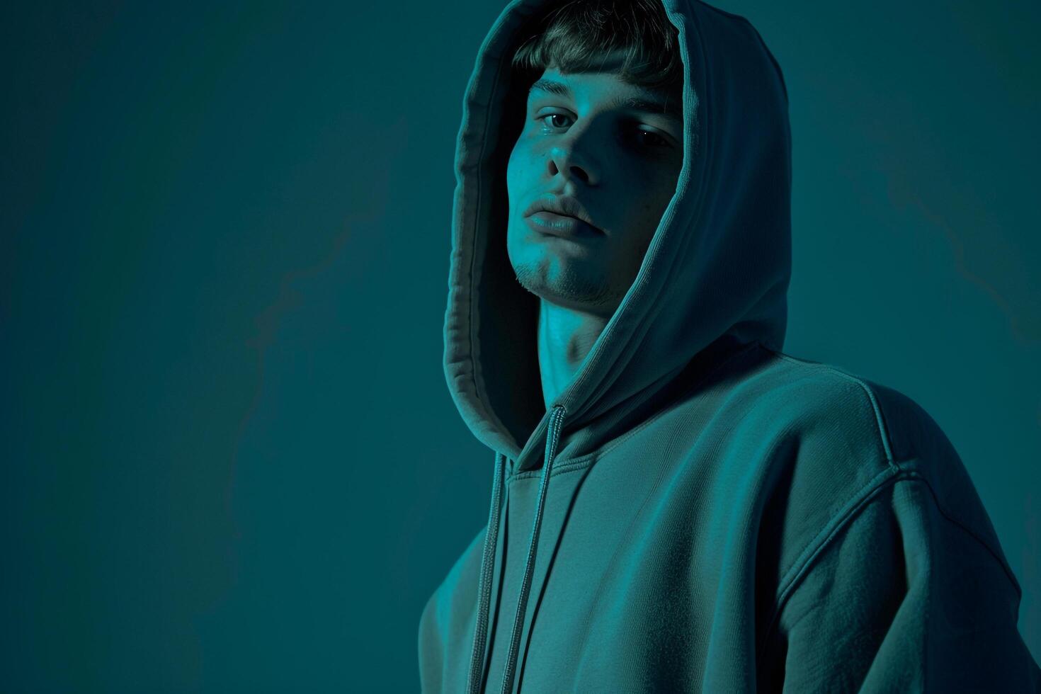 Teal Blue Background and Male in Hoodie  Lifestyle portrait emphasizing Costume Relaxed Fashion photo
