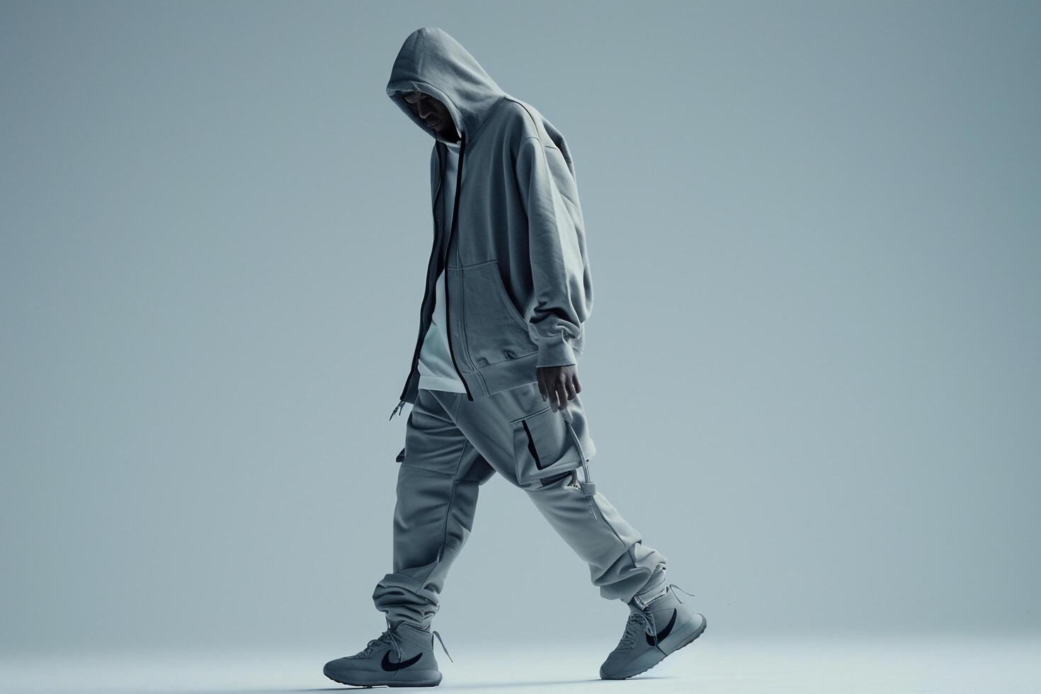 Dove Gray Background with Hoodie Wearing Male Lifestyle portrait emphasizing Calm Contemporary Style and Chic Fashion photo