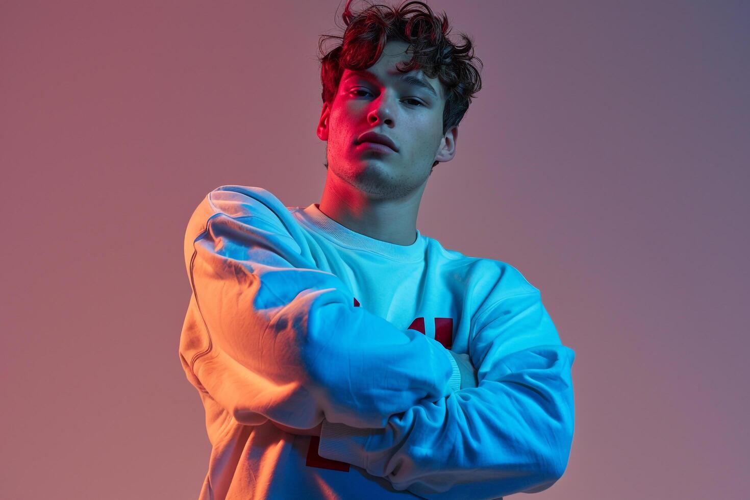 electric Blue Background with Sweatshirt Clad Male  Lifestyle portrait emphasizing Casual Fashion and energetic Style photo