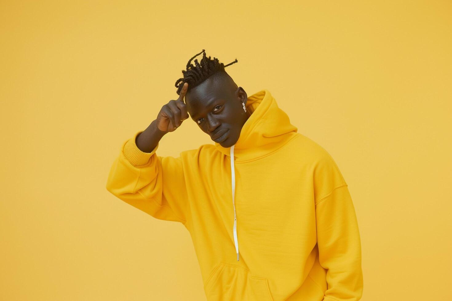 Bright Yellow Background with Sweatshirt Clad Male energetic Lifestyle portrait Showcasing Fashion Trends and Vibrant Style photo
