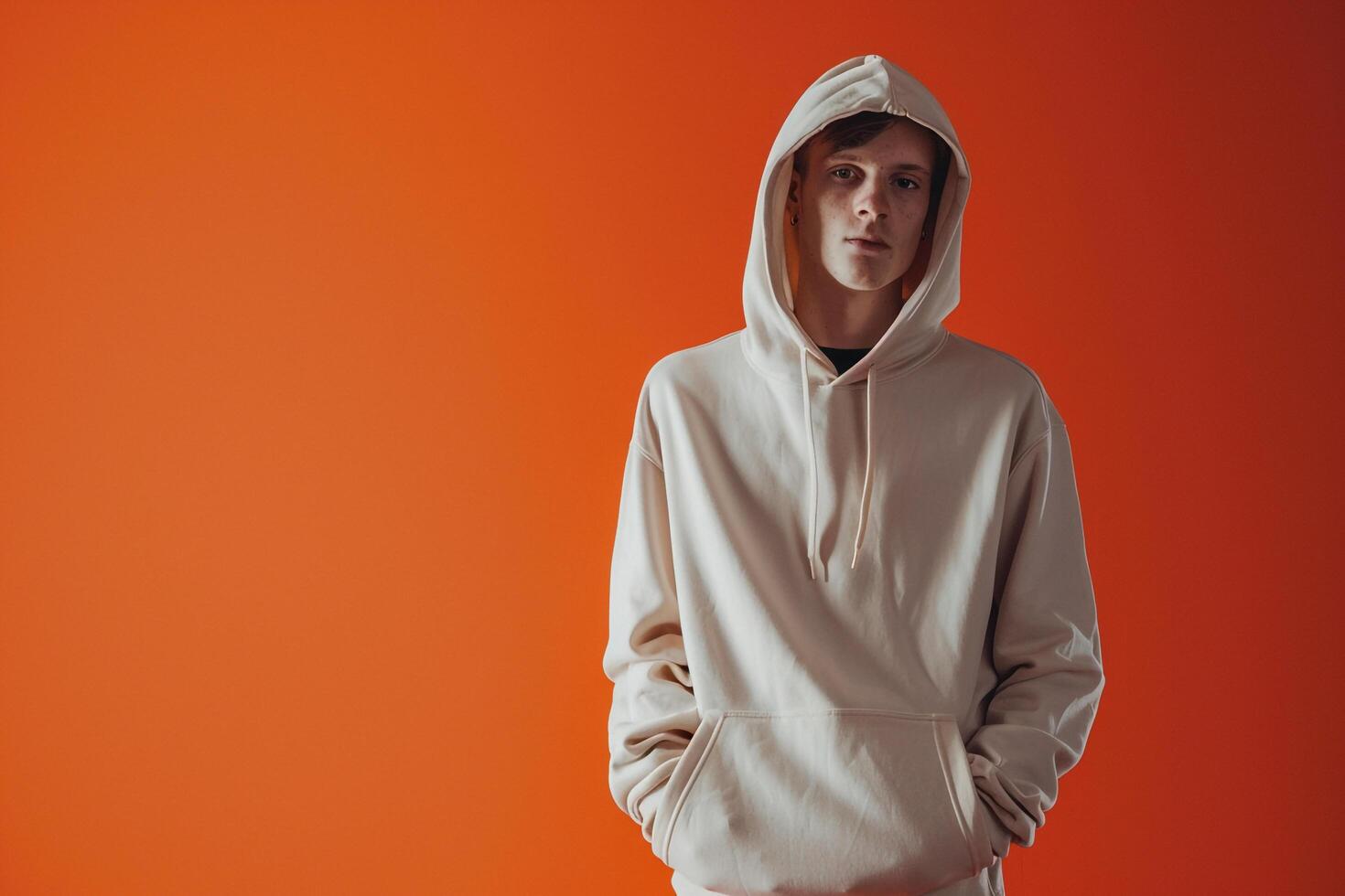 Burnt Orange Background with Hoodie Clad Male  Lifestyle portrait Featuring Costume Stylish Fashion and Vibrant Style photo