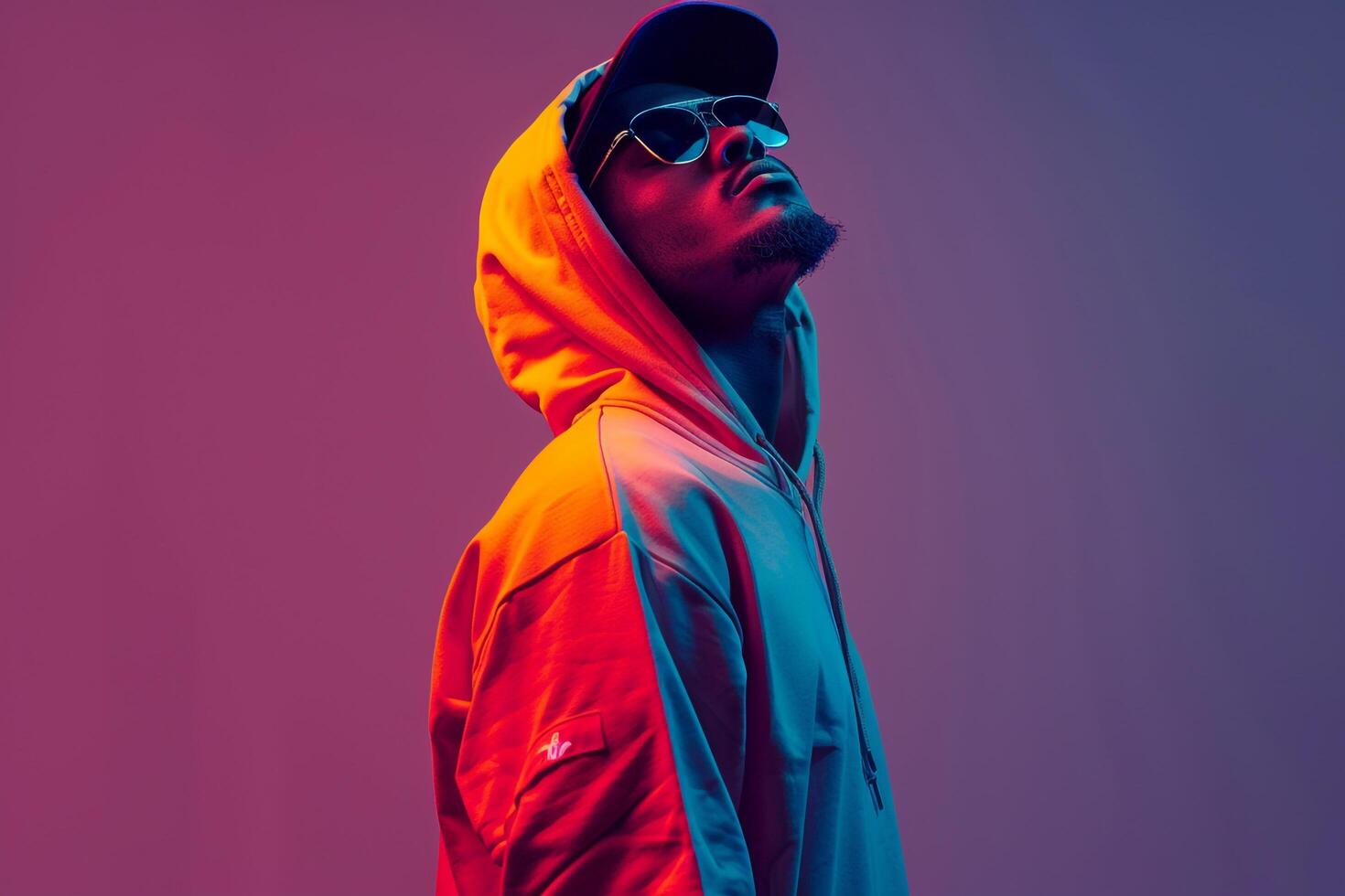 Royal purple Background with Hoodie Clad Male Lifestyle portrait Showcasing Trendy Fashion and Comfortable Wear photo