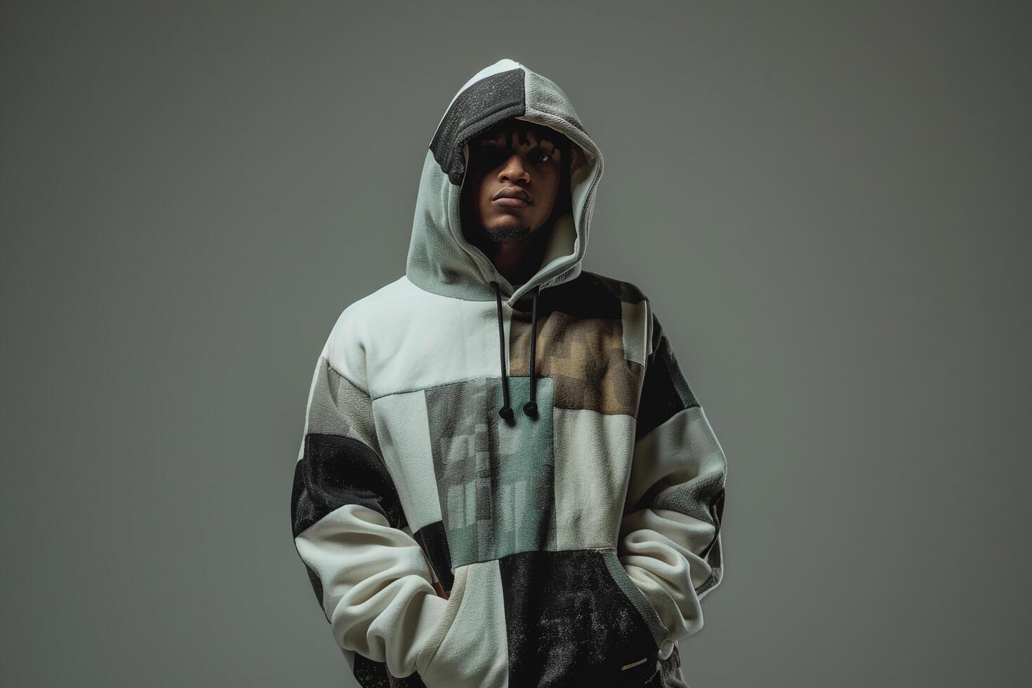 Soft Sage Background with Hoodie Clad Male Lifestyle portrait Highlighting Trendy Fashion and Comfortable Wear photo