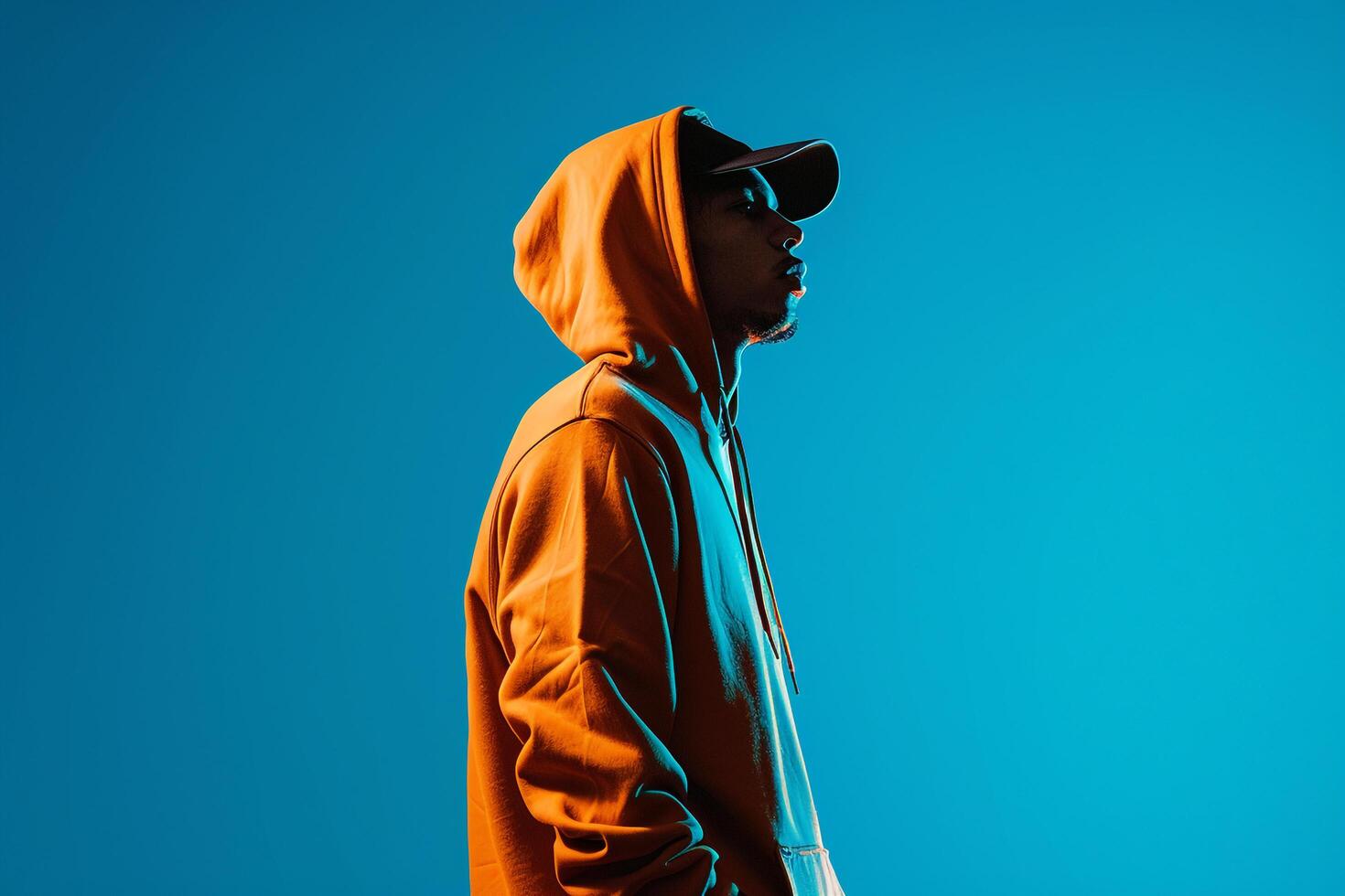 Asymmetric Hoodie Clad Male with electric Blue Background Lifestyle portrait Highlighting Modern Fashion and Trendy Look photo