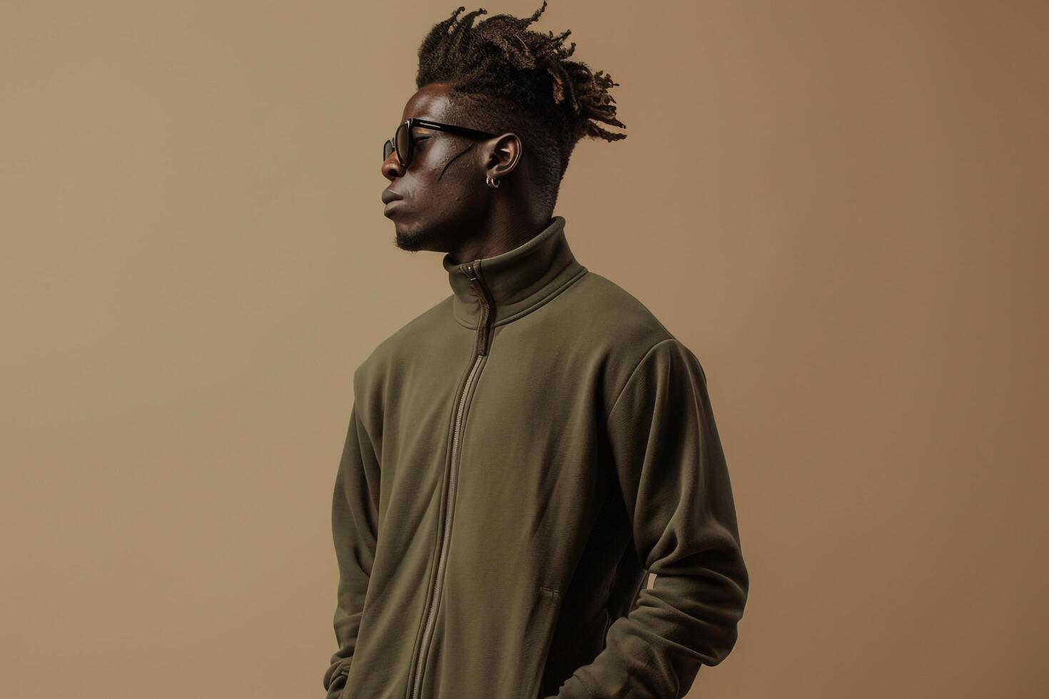 zip up fleeceposed in a male dress with a light olive Males backgroundemphasizing lifestyle and fashion portrait photo