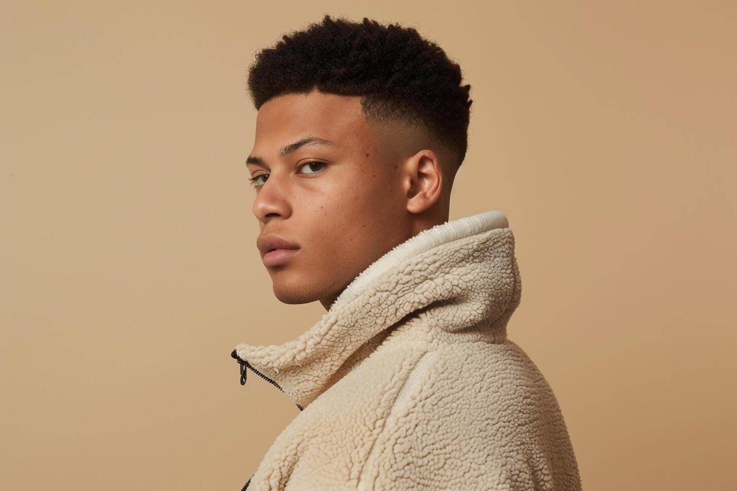 zip up fleecemale dress apparel with a light olive Males backgroundemphasizing lifestyle and fashion portrait style photo