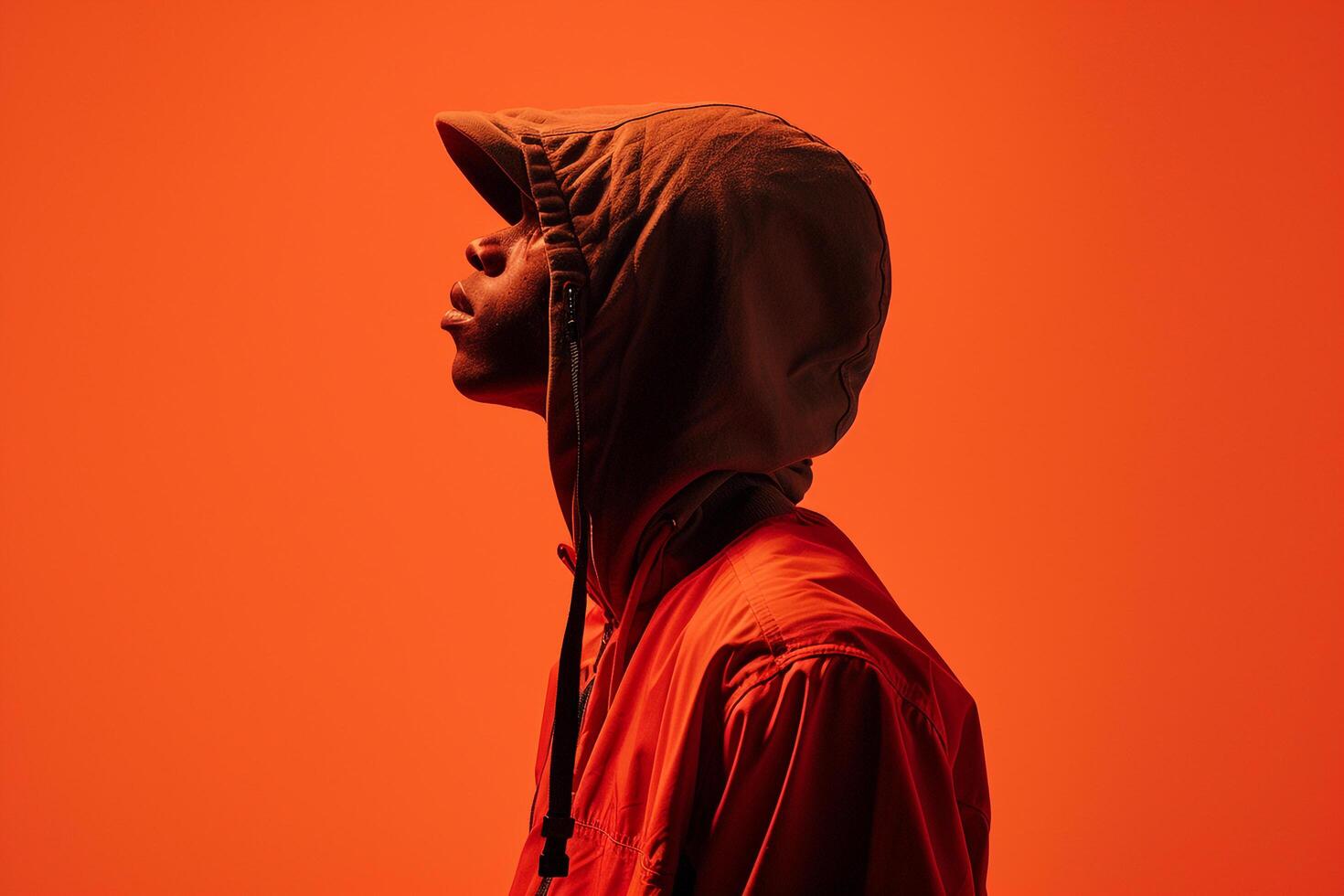 streetwear hoodiemale dress image with a burnt orange Males backgroundemphasizing lifestyle and fashion portrait style photo
