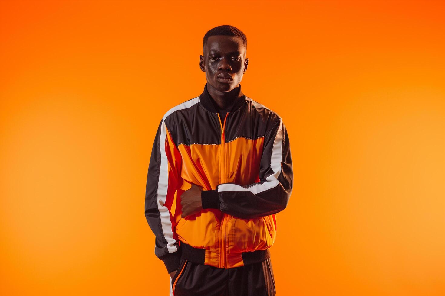 retro track jacketmale dresswith an electric orange Males backgroundfeaturing lifestyle and fashion portrait style photo