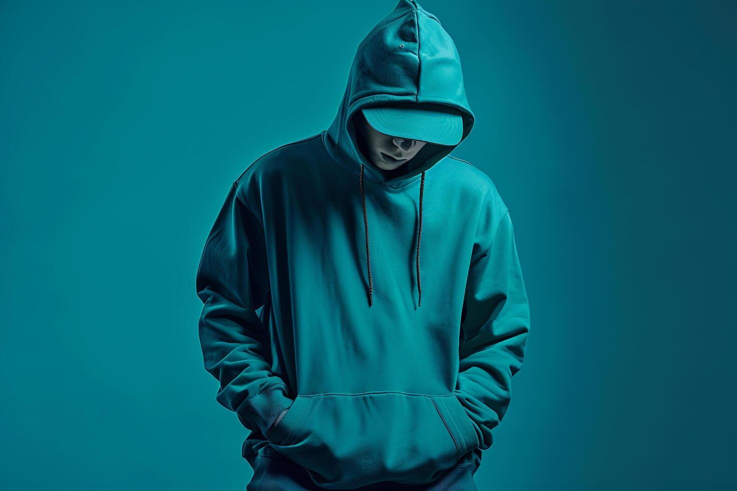 streetwear hoodiemale dress apparel with a deep teal Males backgroundhighlighting lifestyle and fashion portrait details photo