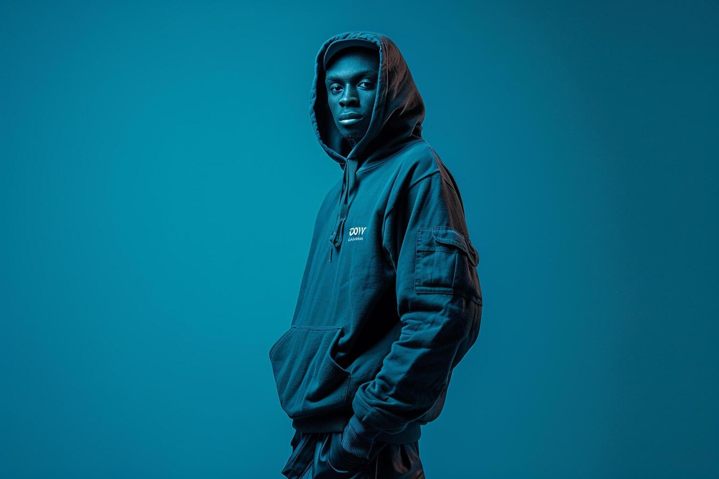 streetwear hoodiemale dresswith a deep teal Males backgroundfocusing on lifestyle and fashion portrait style photo