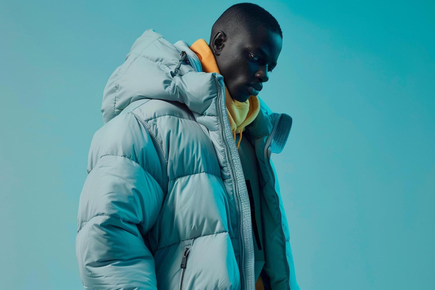an oversized puffer jacketmale dress apparel with aice blue Males backgroundshowcasing lifestyleportraitand fashion style photo