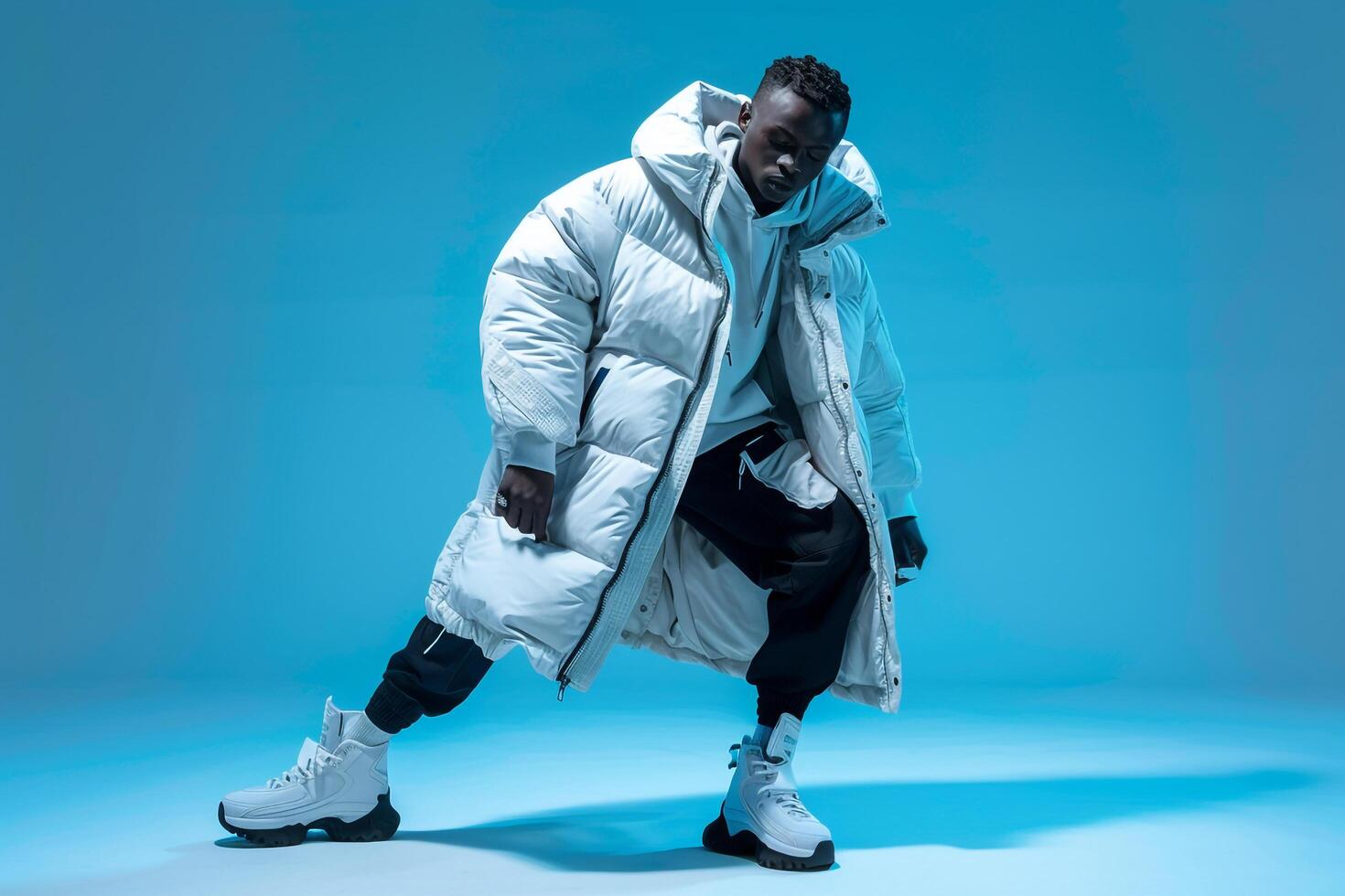 an oversized puffer jacketmale dress with aice blue Males backgroundfocusing on lifestyleportraitand fashion eleMalets photo