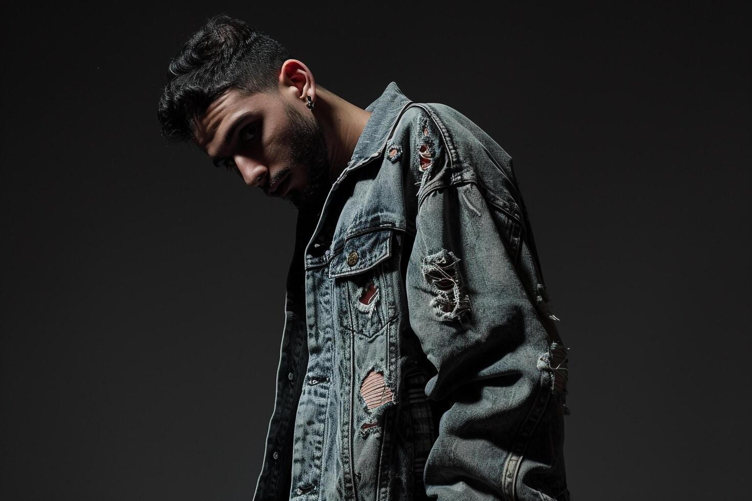 distressed jacketmale dress with acharcoal black Males backgroundemphasizing lifestyleportraitand fashion eleMalets photo