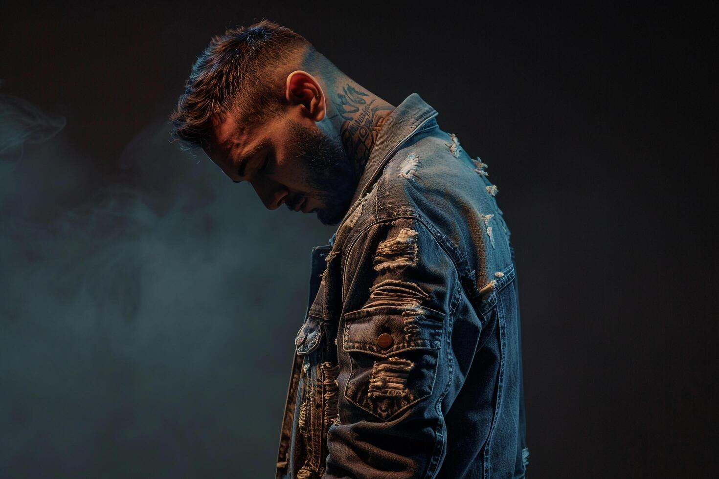 distressed jacketmale dress with acharcoal black Males backgroundhighlighting lifestyleportraitand fashion features photo