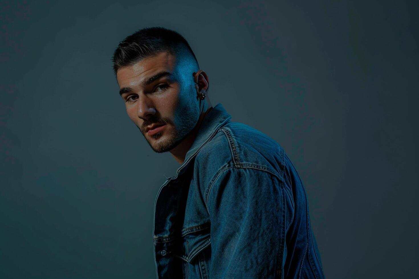 Rugged Denim Jacket on Male with Charcoal Gray Background Lifestyle portrait Focusing on Fashion and Contemporary Style photo