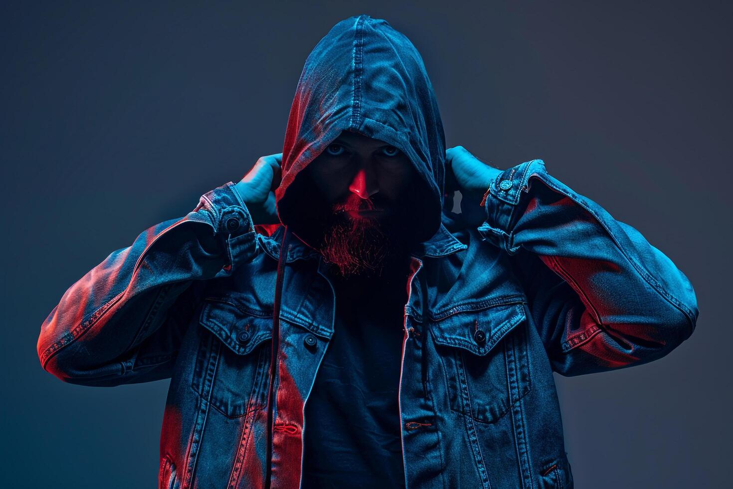 Hooded Denim Jacket on Male with Graphite Background Lifestyle portrait Showcasing Fashion and Modern Style photo