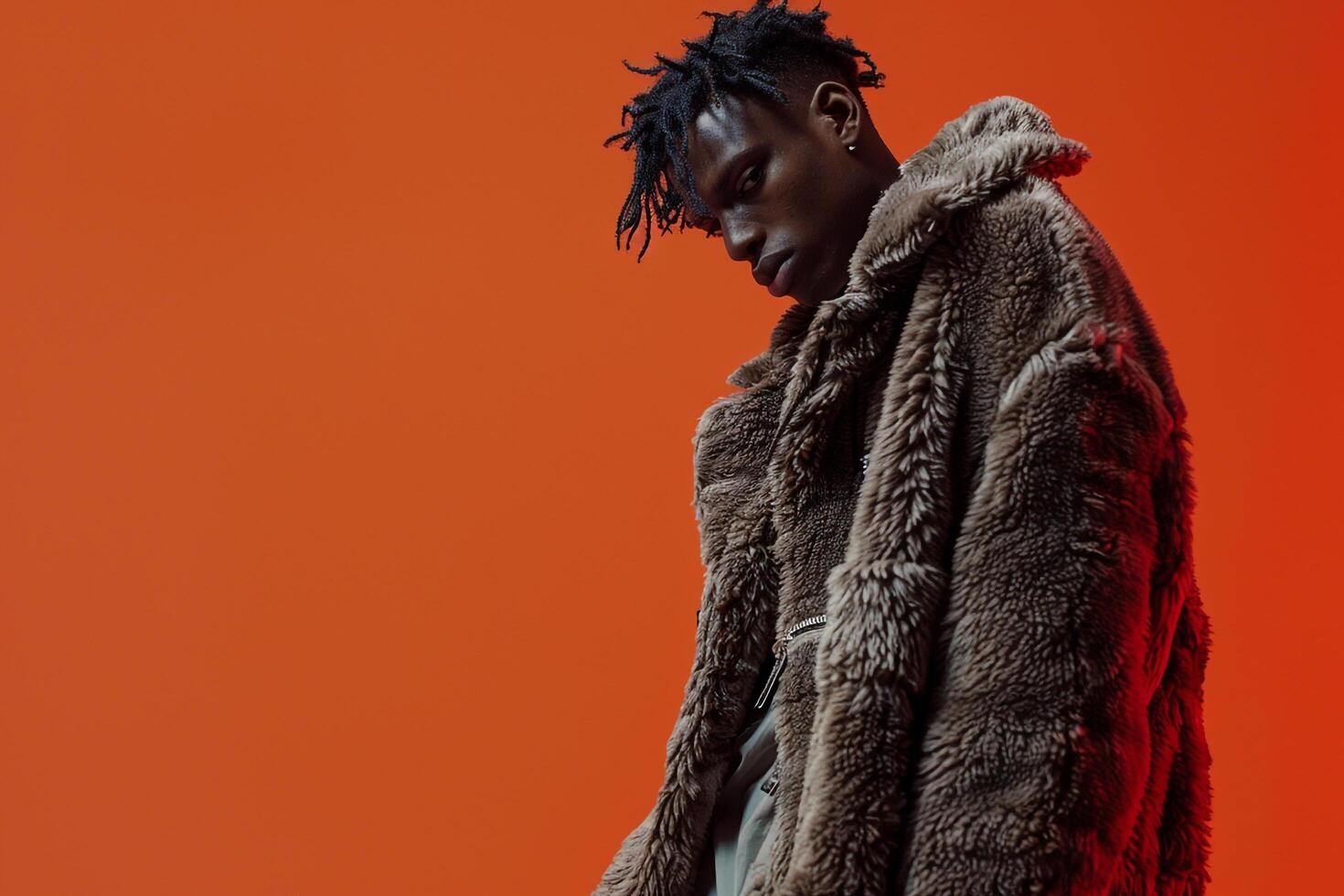 Rust Orange Background Featuring Fuzzy Jacket Clad Male Lifestyle portrait Highlighting Fashion and Stylish Look photo