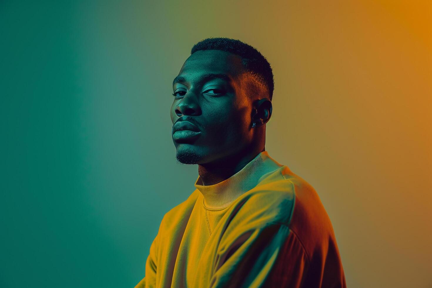 Oversized pullover on Male with Tropical Green Background Lifestyle portrait emphasizing Fashion and Relaxed Style photo