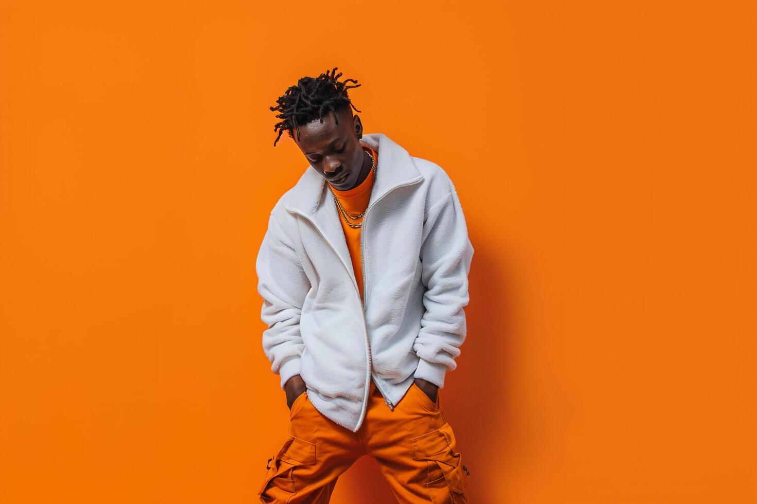 Tangerine Background with Cloth Fleece Clad Male Lifestyle portrait Focusing on Fashion and Stylish Details photo