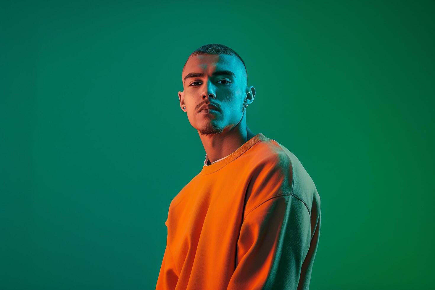 Tropical Green Background Featuring Oversized pullover Clad Male Lifestyle portrait emphasizing Fashion and Stylish Look photo