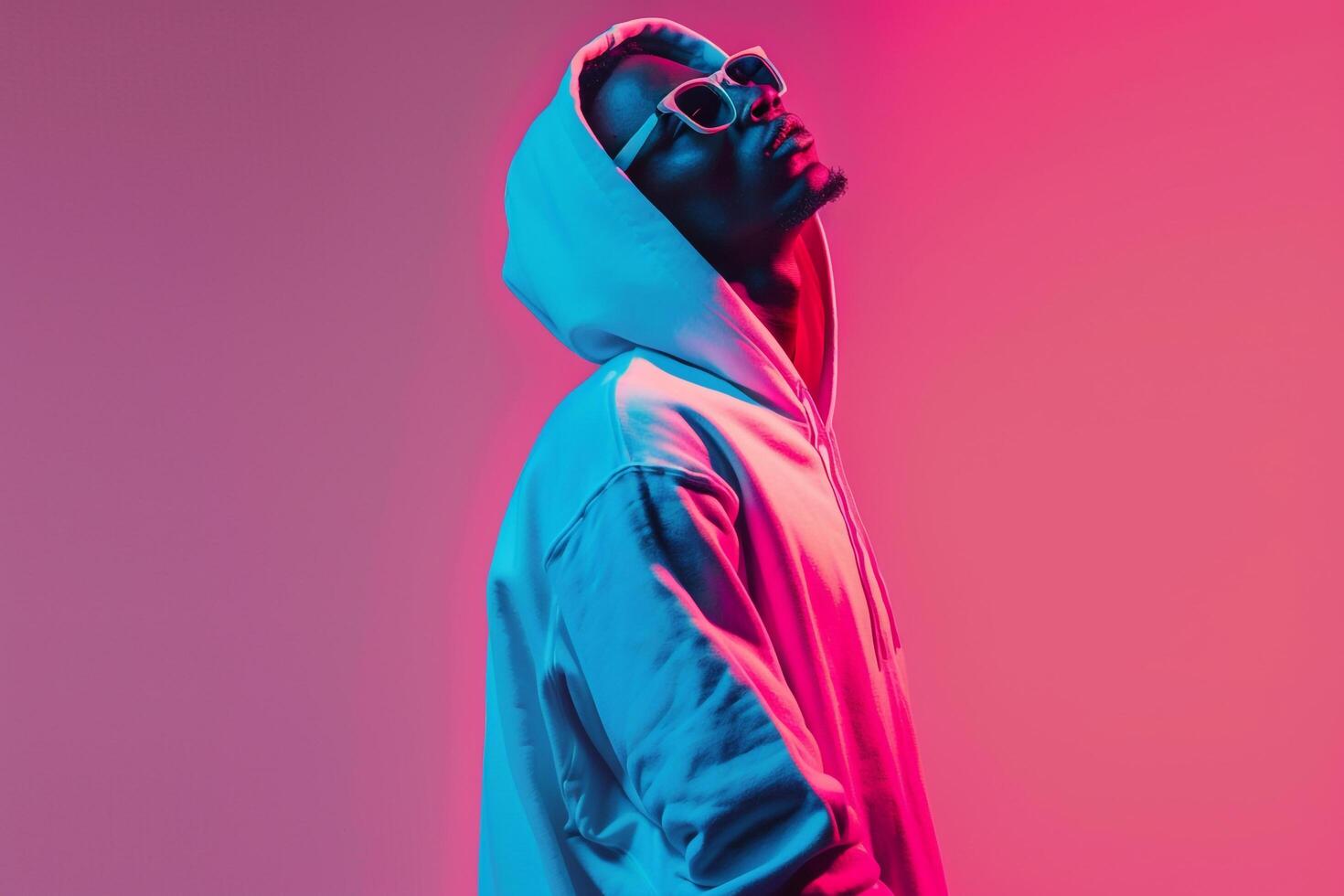 Neon purple Background with Streetwear Hoodie Clad Male Lifestyle portrait Focusing on Fashion and Bold Style photo