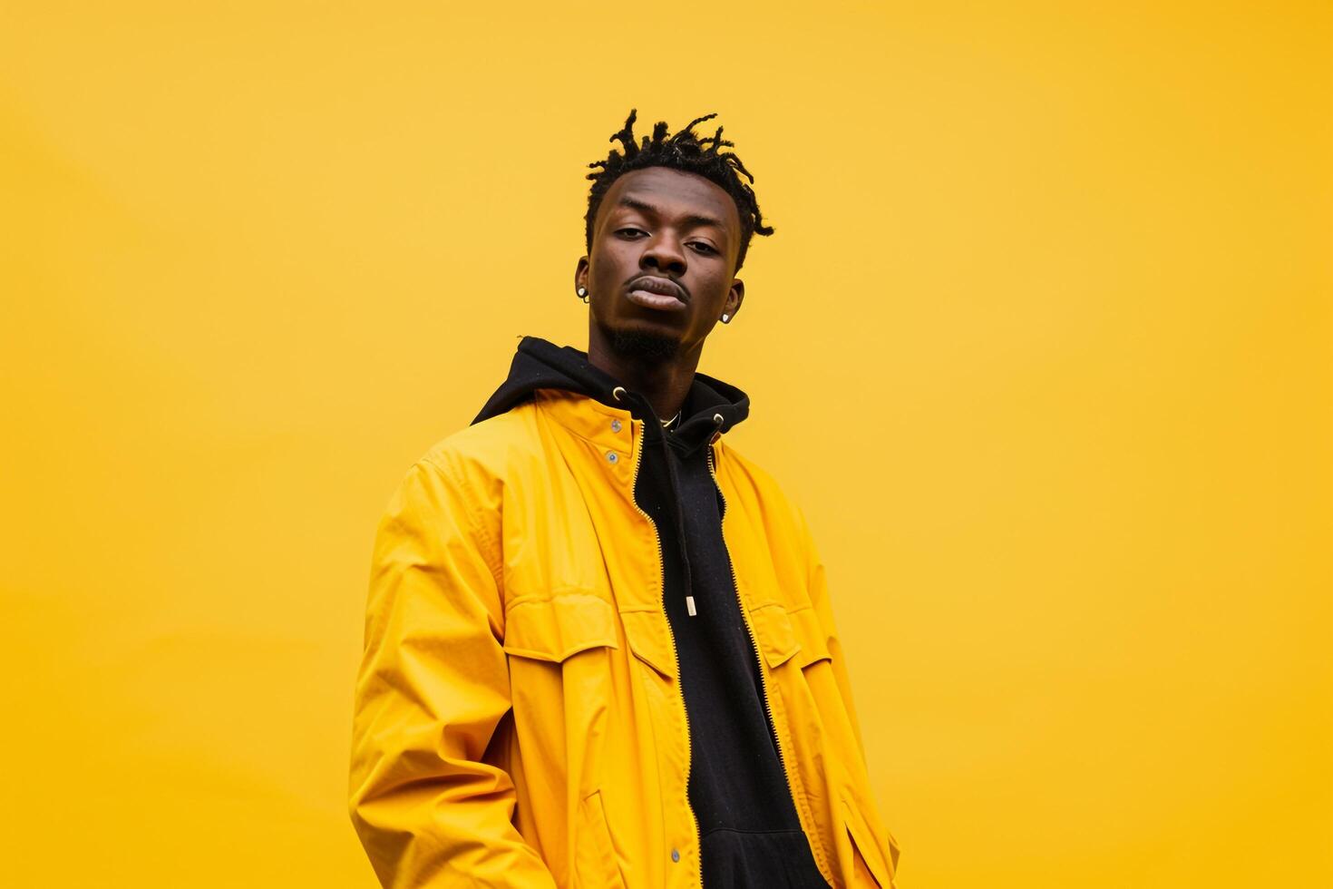 Bright Yellow Background with Lightweight Jacket Clad Male Lifestyle portrait emphasizing Fashion and Bold Style photo