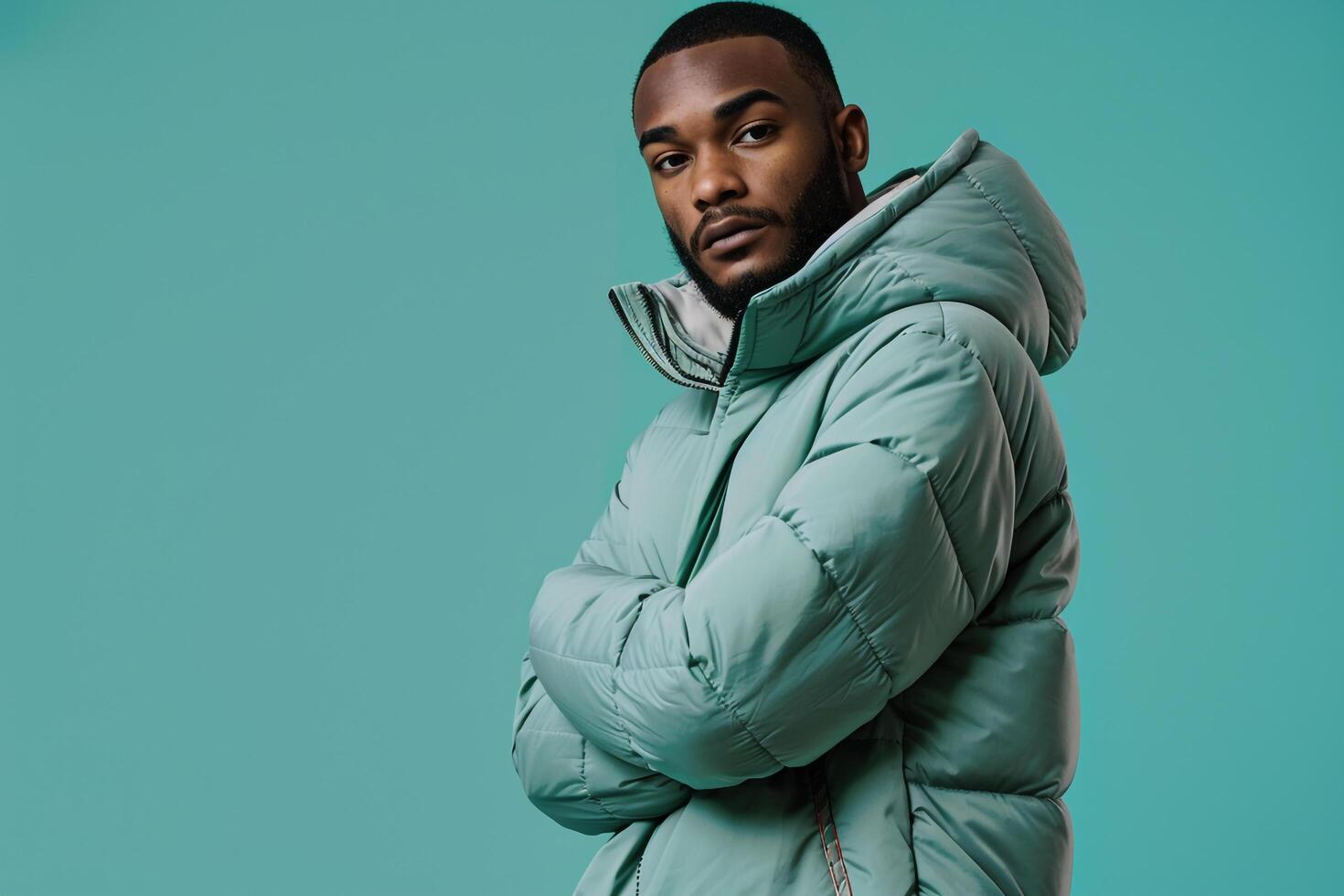 Mint Green Background Featuring puffer Hoodie Clad Male Lifestyle portrait Focusing on Cozy Fashion and Stylish Appearance photo