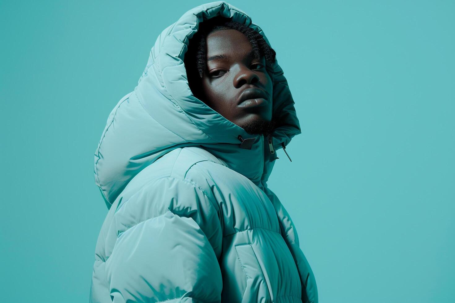 Mint Green Background Featuring puffer Hoodie Clad Male Lifestyle portrait emphasizing Cozy Fashion and Modern Style photo