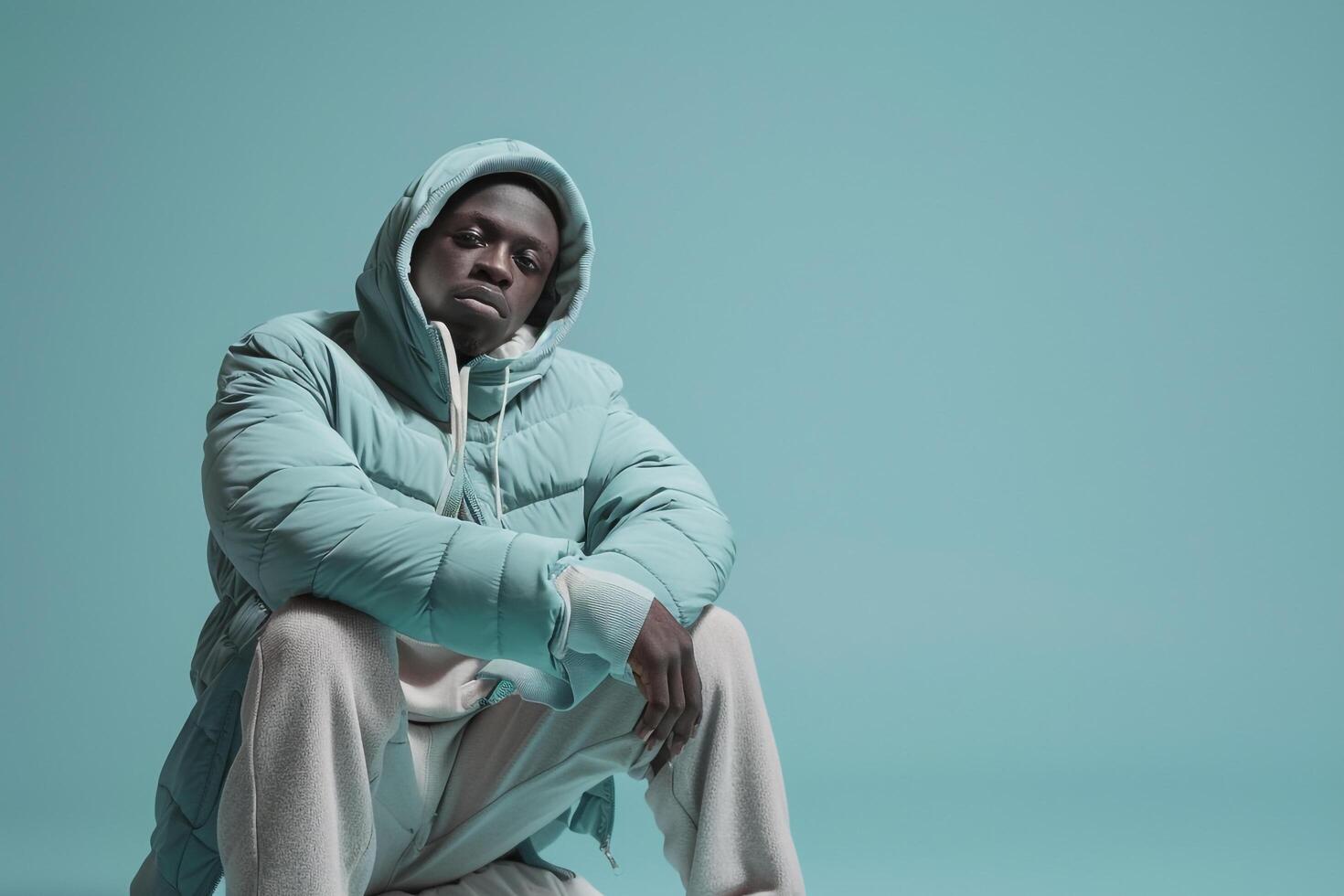 puffer Hoodie Clad Male with Mint Green Background Lifestyle portrait Showcasing Cozy Fashion and Trendy Appearance photo