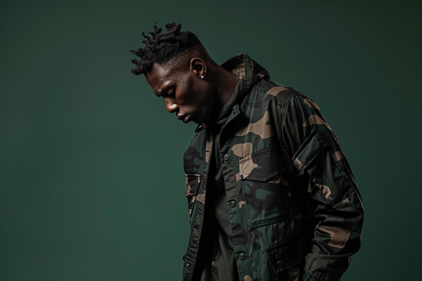 Maleswear Background Featuring Camo Jacket Clad Male Lifestyle portrait Focusing on Rugged Fashion and Trendy Style photo
