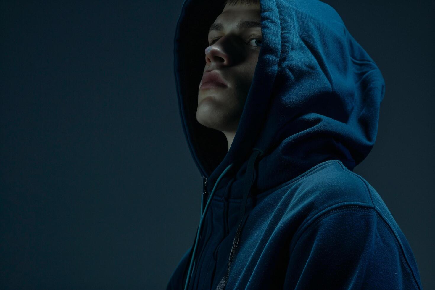 Cobalt Blue Hoodie Clad Male with Midnight Black Background Fashion portrait emphasizing Lifestyle eleMalets photo