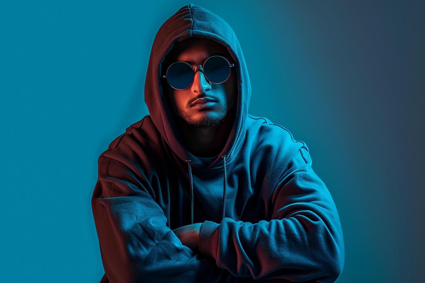 Charcoal Hoodie and Large Sunglasses on Male with electric Blue Background portrait Highlighting Fashion photo