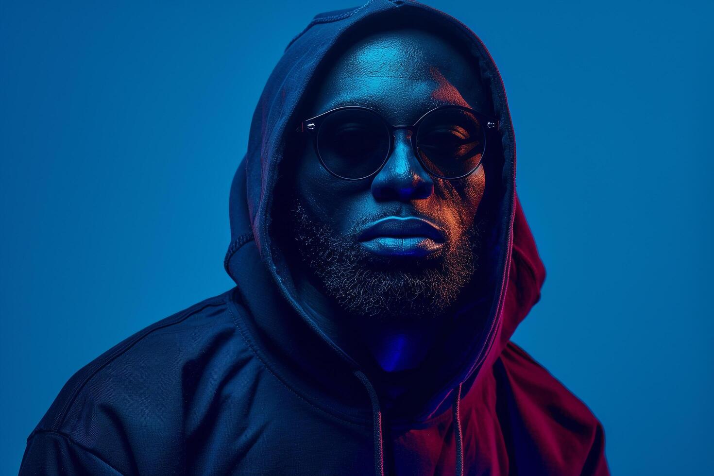 charcoal hoodie and large sunglassesmale dress withelectric blue Males backgroundLifestyle fashion portrait photo