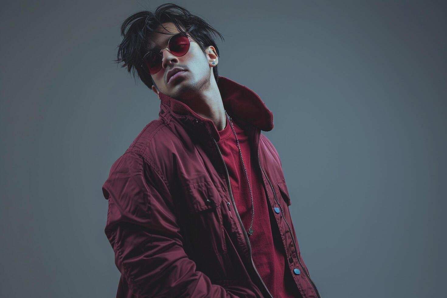 Maroon Zip Up Jacket and Oversized Round Glassesmale dress people portrait Fashion Males background photo