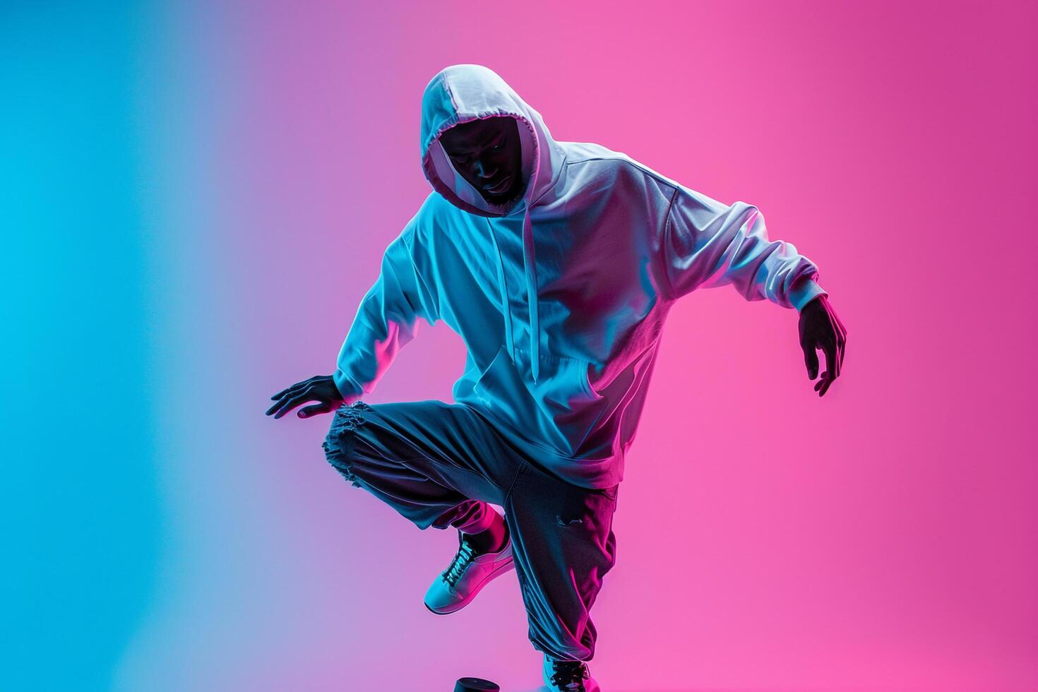 Neon pink Background Hoodie Clad Male Fashion portrait Highlighting Contemporary Lifestyle Trends and Modern Style photo