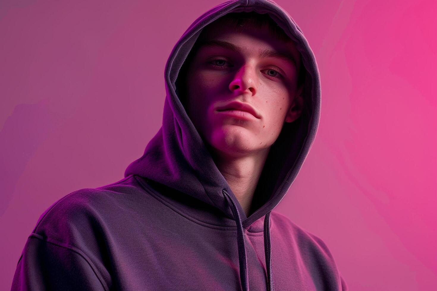 Bright purple Background Hoodie Clad Male Lifestyle portrait Highlighting Modern Fashion and Trendy Apparel photo