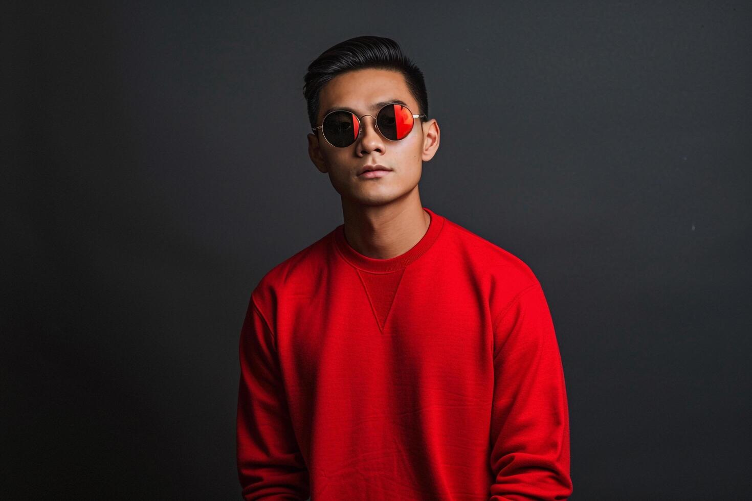 Red pullover and Sunglasses on Male with Charcoal Background  Fashion portrait emphasizing Modern Style and Trendy Lifestyle photo