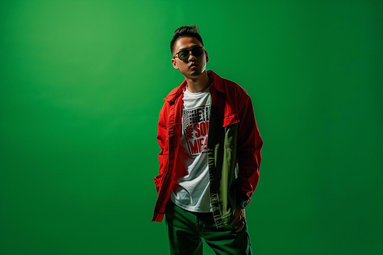 Long Sleeve Graphic Tee Clad Male with Bright Green Background Lifestyle portrait Highlighting Trendy Graphic Fashion photo