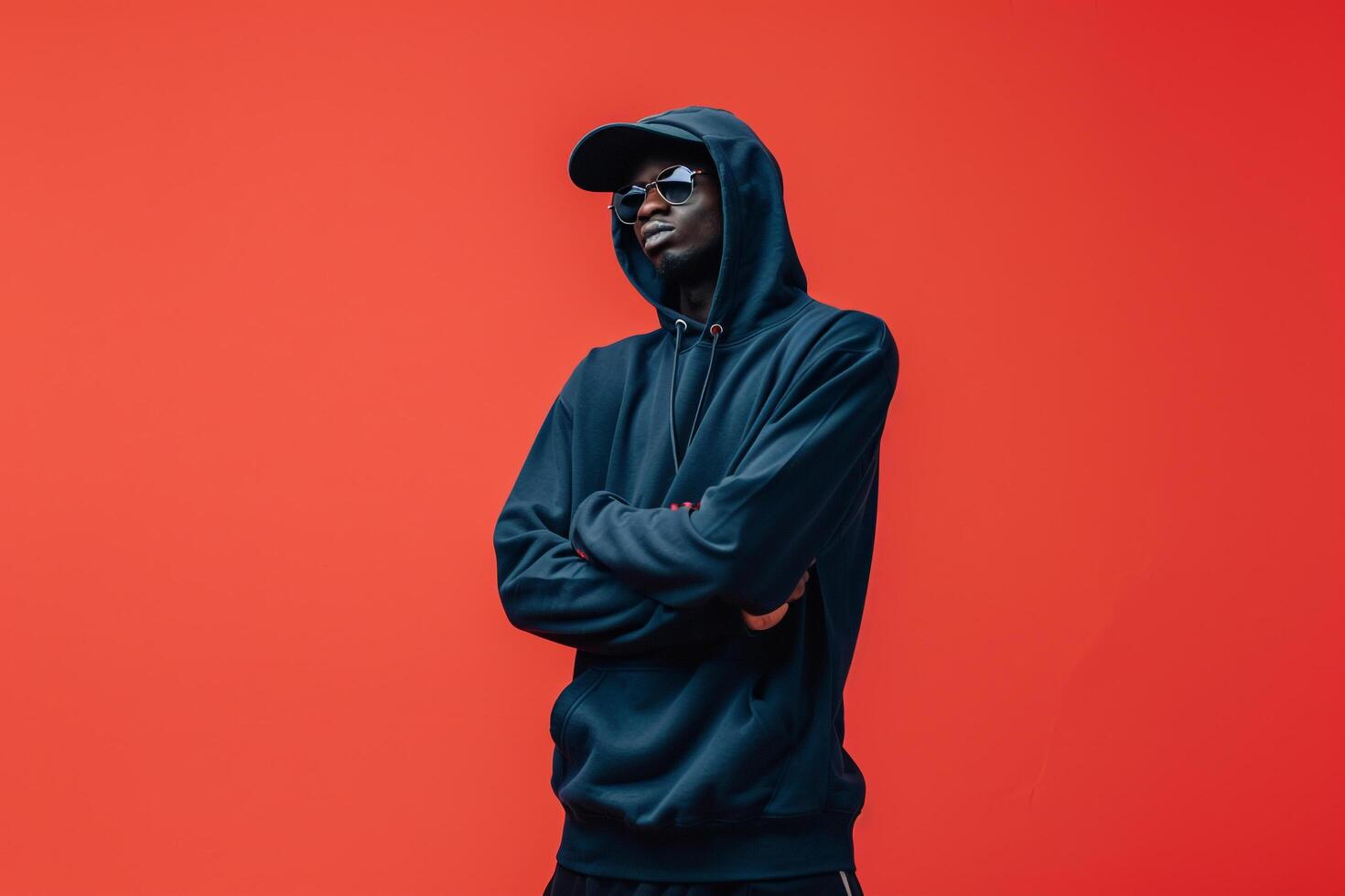 Navy Blue Hoodie Clad Male with Bright Coral Background Fashion portrait Highlighting Contemporary Style and Lifestyle Trends photo