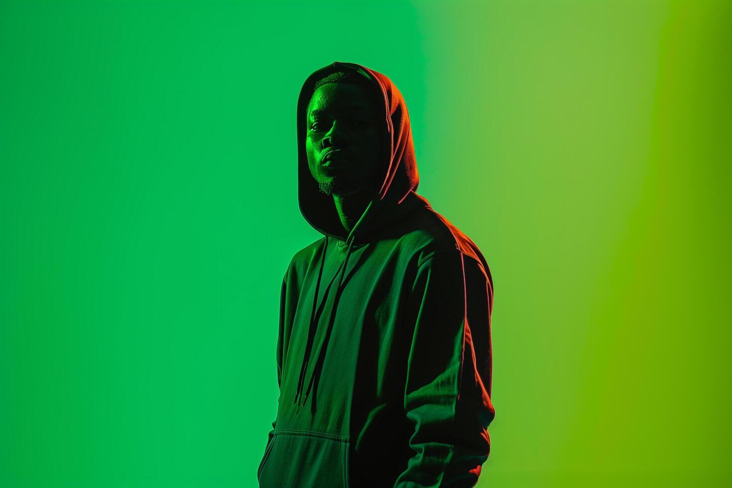 Clothwear Hoodie Clad Male with Neon Green Background Fashion portrait Featuring Bold Trends and Stylish Lifestyle photo