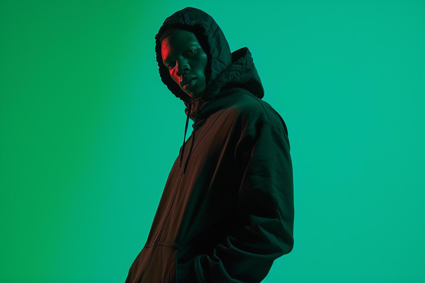 Clothwear Hoodie Clad Male with Neon Green Background Fashion Lifestyle portrait Featuring Bold and Trendy Style photo