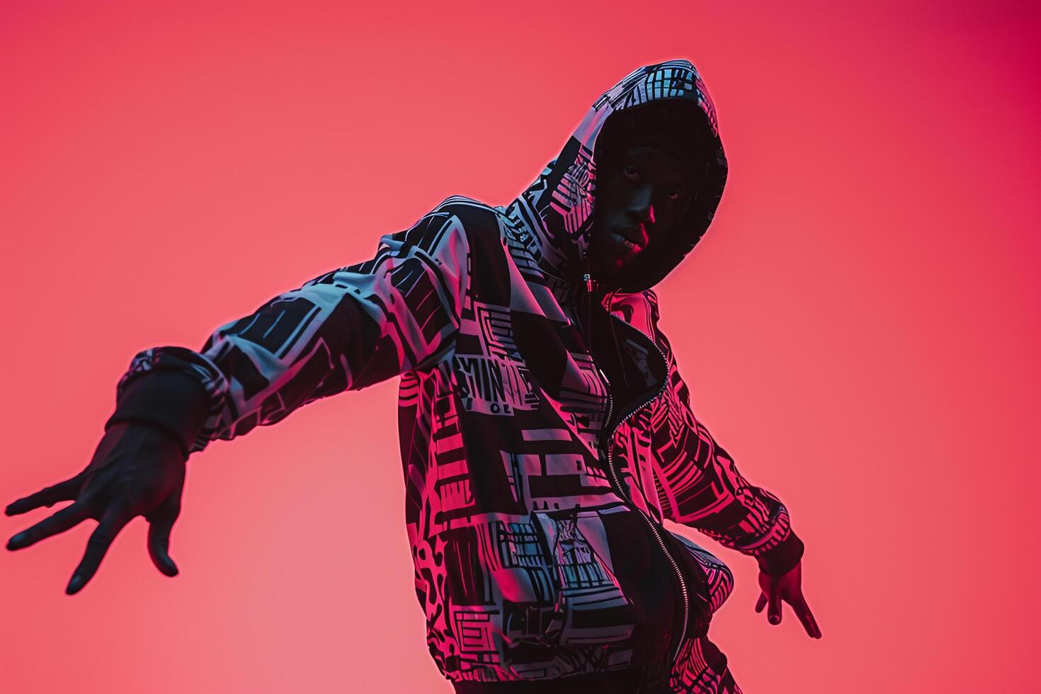 printed Zip Up Hoodie Clad Male with Neon pink Background Fashion portrait Highlighting Trendy and Contemporary Style photo