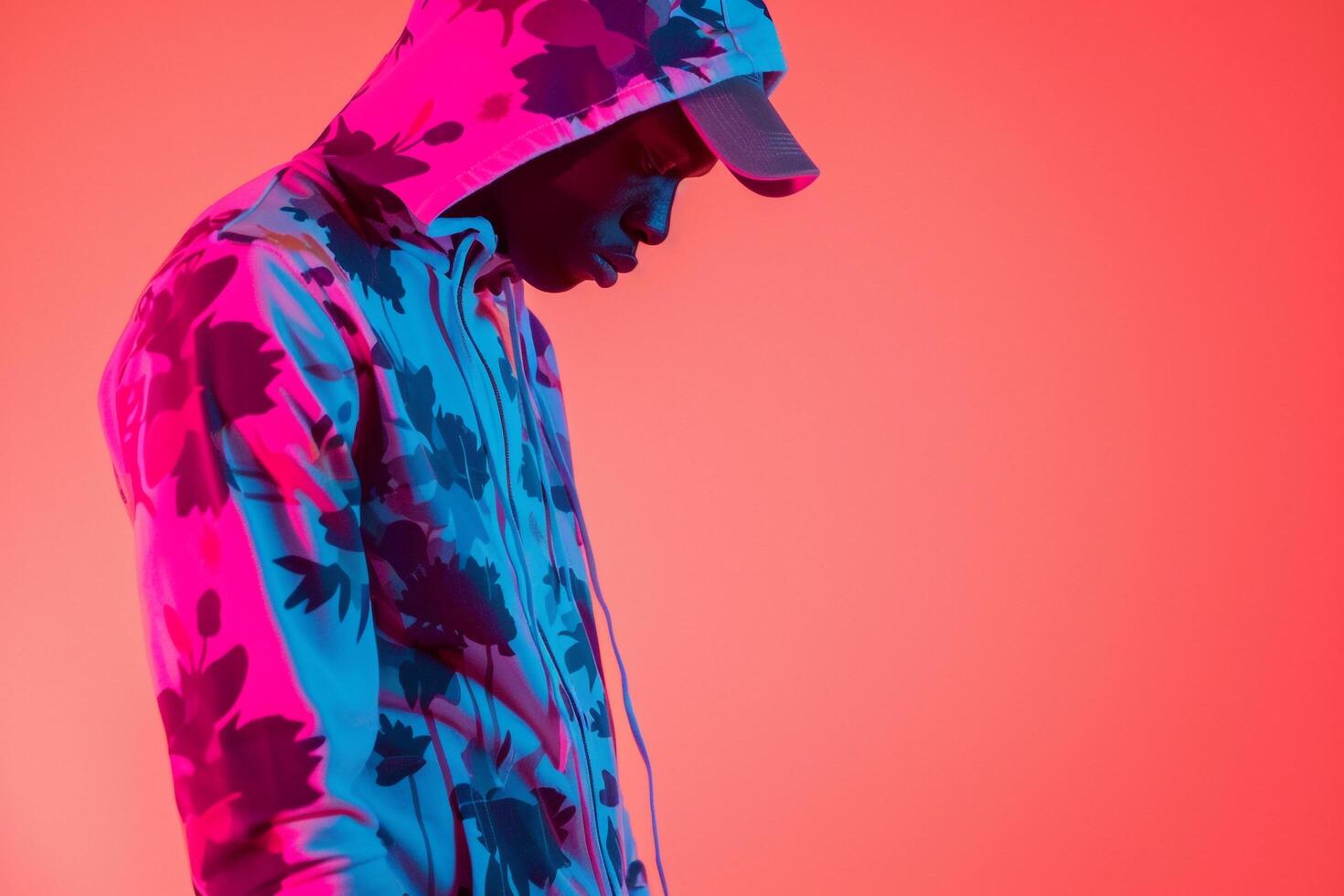 printed Zip Up Hoodie Clad Male with Neon pink Background Fashion Lifestyle portrait Highlighting Contemporary Style photo