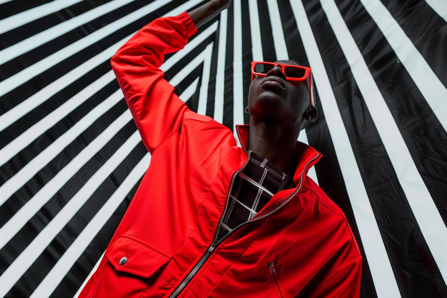 Bright Red Zip Up Jacket and Sporty Sunglasses on Male with Black and White Stripes Background Fashion portrait emphasizing Trendy Lifestyle photo