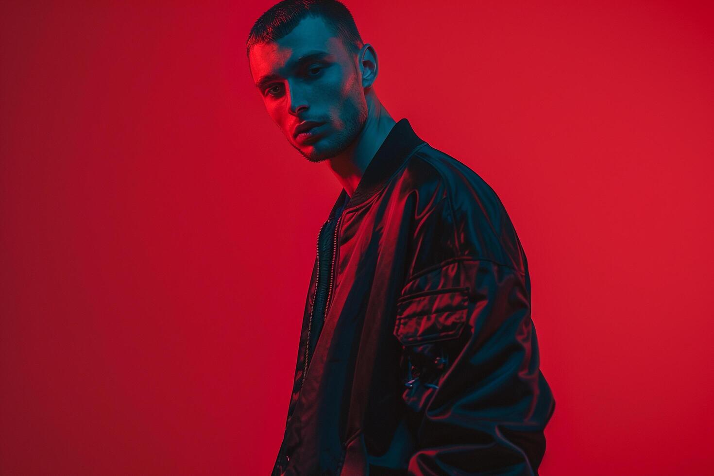 Black Bomber Jacket Clad Male Fashion portrait with Maleswear Background emphasizing Modern Style photo